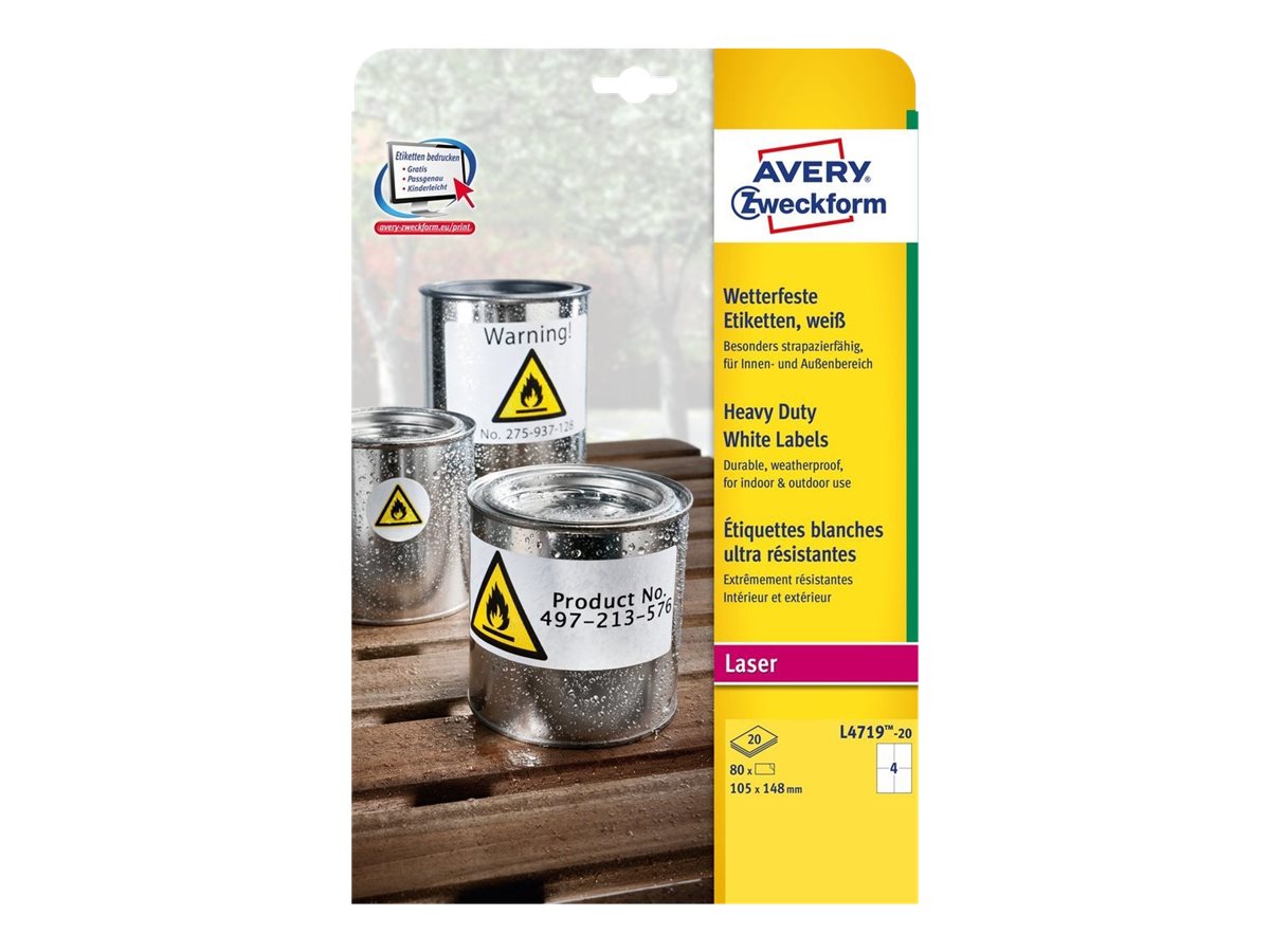 80 AVERY Zweckform wetterfeste Folienetiketten L4719-20 weiss 105,0 x 148,0 mm 80 AVERY Zweckform wetterfeste Folienetiketten L4719-20 weiss 105,0 x 148,0 mm