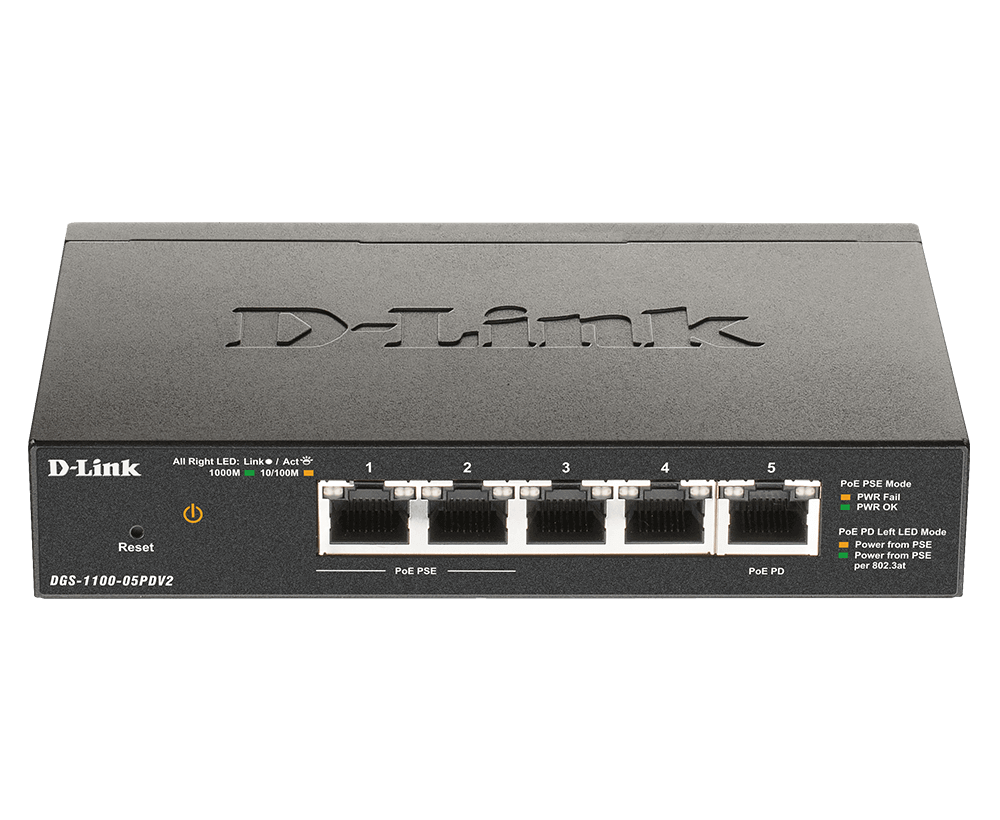 DLINK DGS110005PDV2 5Port Gigabit PoEpowered PoE Smart Switch 5x 101001000Mbits 1x PD Port 2x 8023af Port ohne Netzteil