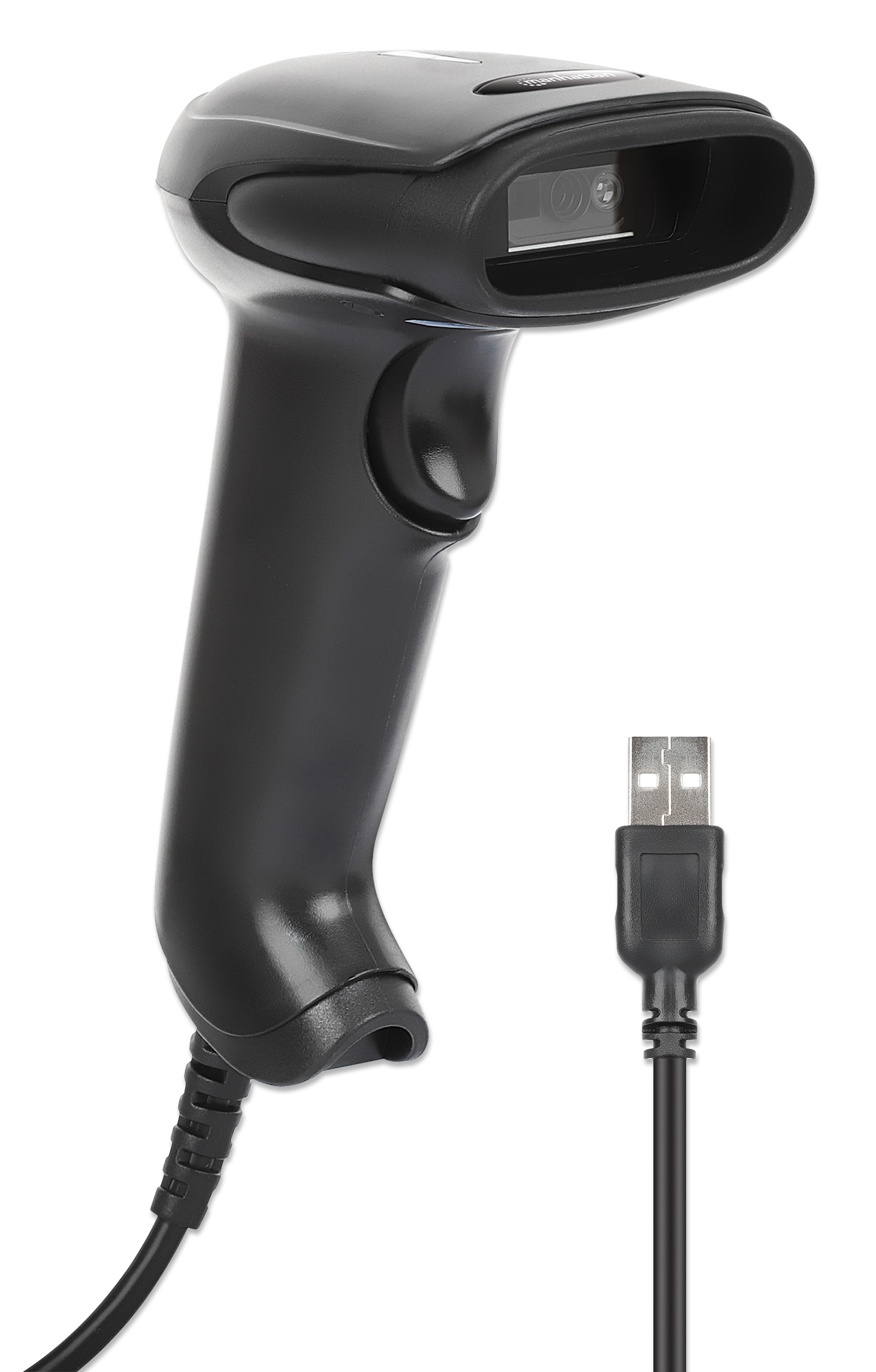 MANHATTAN 2D LEDBarcodescanner 320 mm Scanreichweite integriertes 1,4 m USBAKabel 100 ScansSekunde 100K Lux Handscanner schwarz