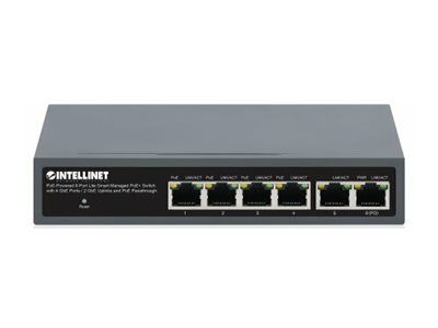 INTELLINET PoE-Powered 6-Port Lite Smart Managed PoE+ Switch 4xGbE 2xGbE-Uplink und PoE-Passthrough bis 95W Eingang 60W PoE-Budget