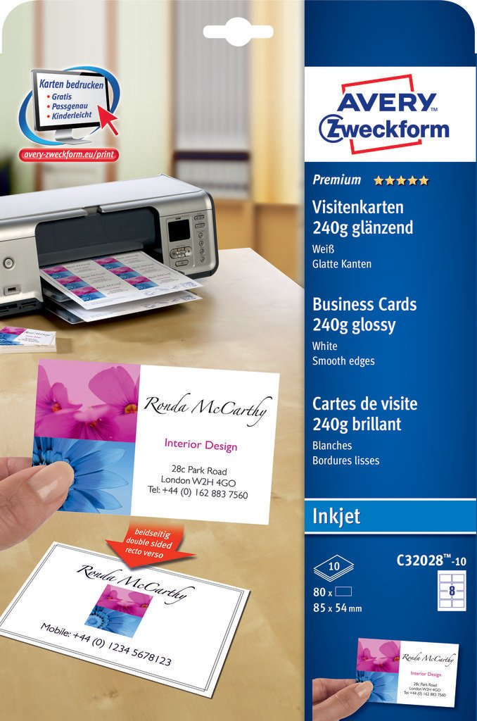 AVERY Zweckform Visitenkarten C3202810 hochglaenzend weiss 240 gqm, 80 St