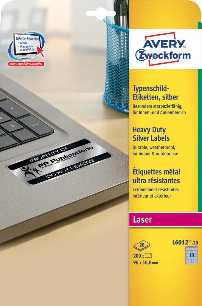 200 AVERY Zweckform Typenschildetiketten L6012-20 silber 96,0 x 50,8 mm