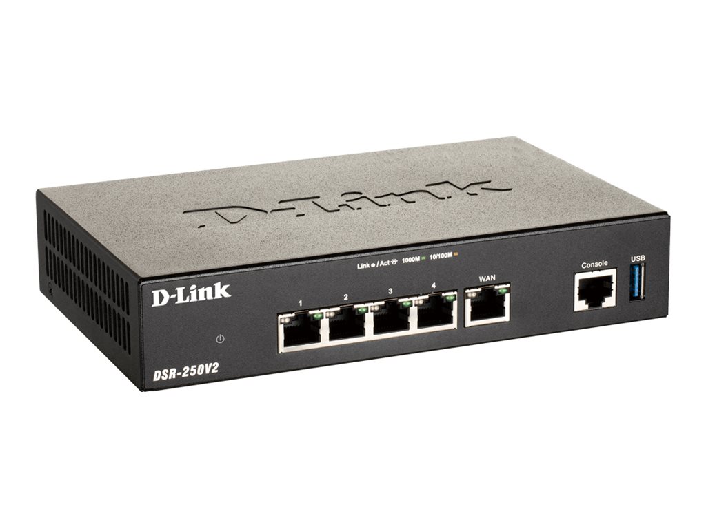 D-LINK DSR-250V2/E Double-WAN Unified Services VPN Router 1 Gigabit WAN Port 3 Gigabit LAN Ports 1 Configurable Gigabit Port 950Mbps D-LINK DSR-250V2/E Double-WAN Unified Services VPN Router 1 Gigabit WAN Port 3 Gigabit LAN Ports 1 Configurable Gigabit Port 950Mbps