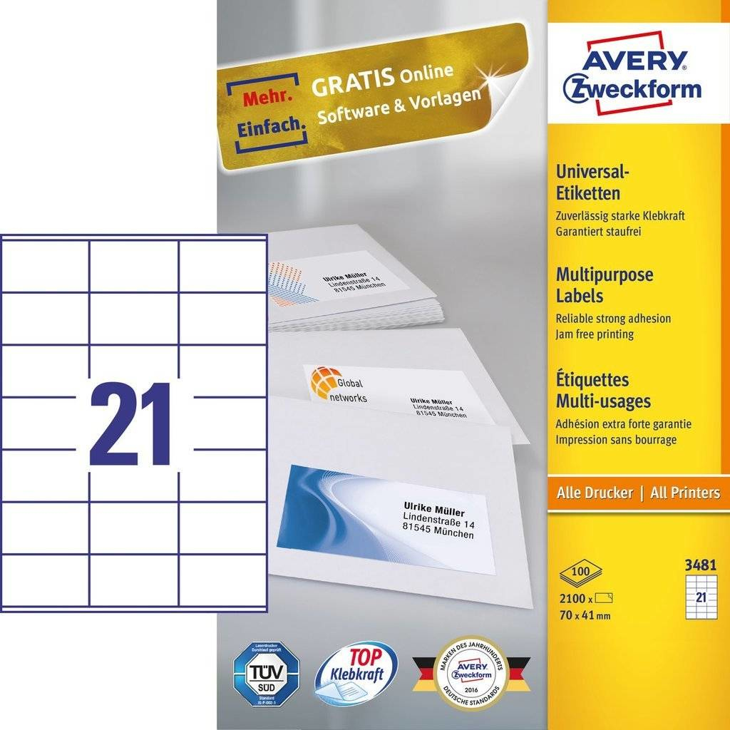 2.100 AVERY Zweckform Etiketten 3481 weiss 70,0 x 41,0 mm