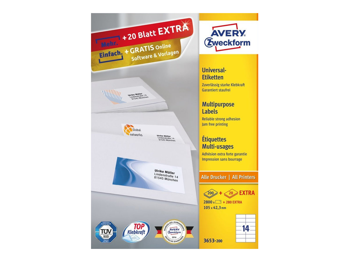 3.080 AVERY Zweckform Etiketten 3653-200 weiss 105,0 x 42,3 mm