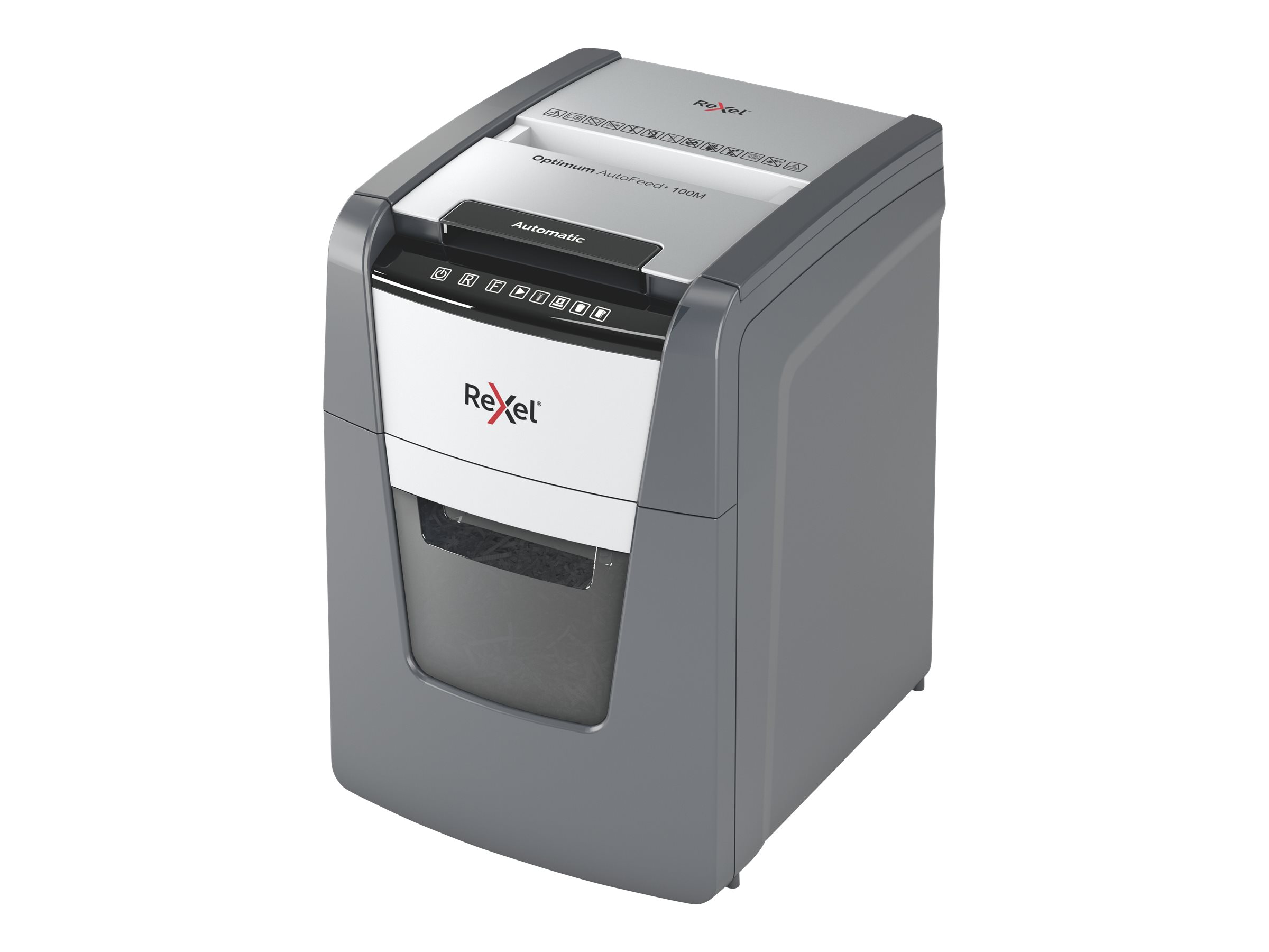 Rexel Optimum AutoFeed+ 100M Aktenvernichter mit Partikelschnitt P-5, 2 x 15 mm, bis 100 Blatt, schwarz Rexel Optimum AutoFeed+ 100M Aktenvernichter mit Partikelschnitt P-5, 2 x 15 mm, bis 100 Blatt, schwarz