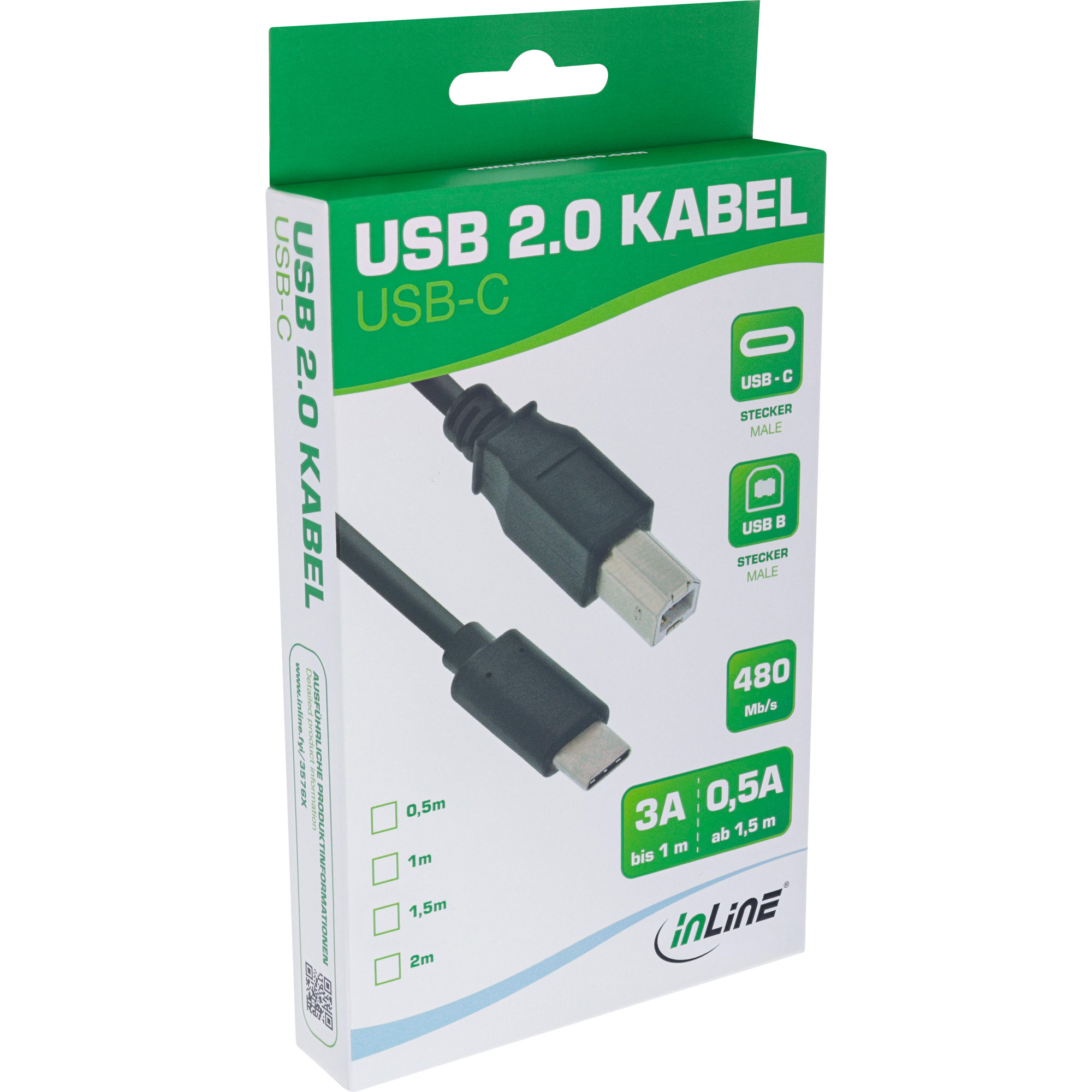 INLINE USB 2.0 Kabel Typ C an B Stecker Stecker schwarz 2m