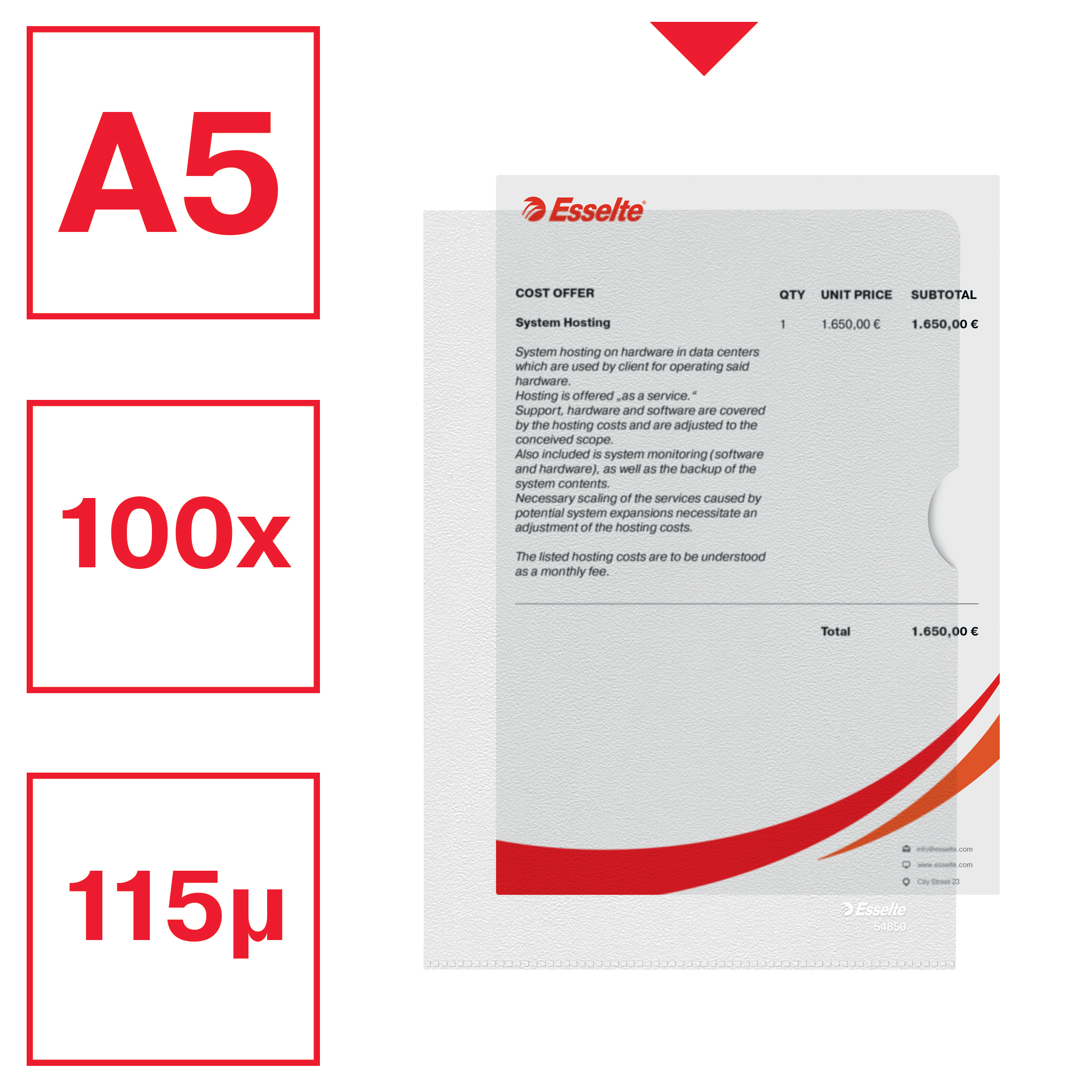 Esselte Sichthüllen Standard Plus 54850 DIN A5 transparent genarbt 0,12 mm, 100 St