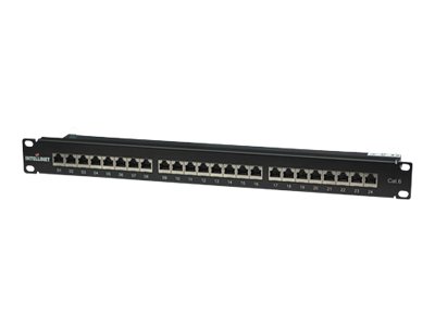 INTELLINET Cat6 Patchpanel geschirmt 24 Ports FTP 1 HE Klemmleisten mit 90 Grad abgewinkelten Kabeleinfuehrungen