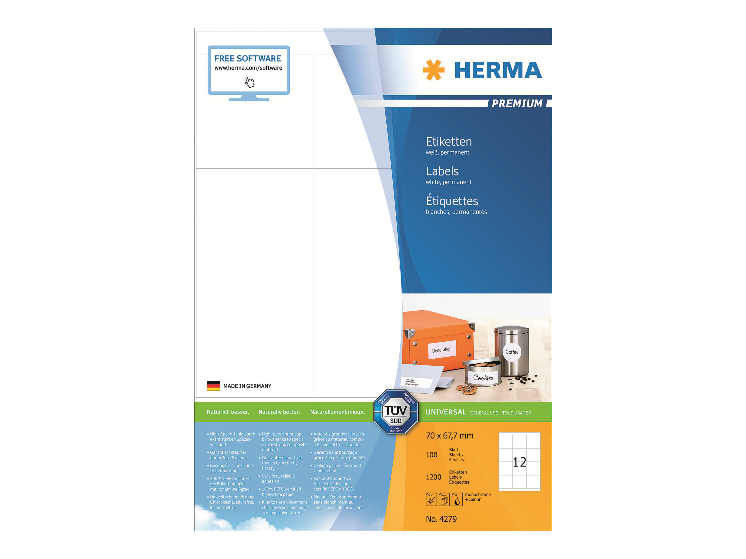 1.200 HERMA Etiketten 4279 weiÃ 70,0 x 67,7 mm