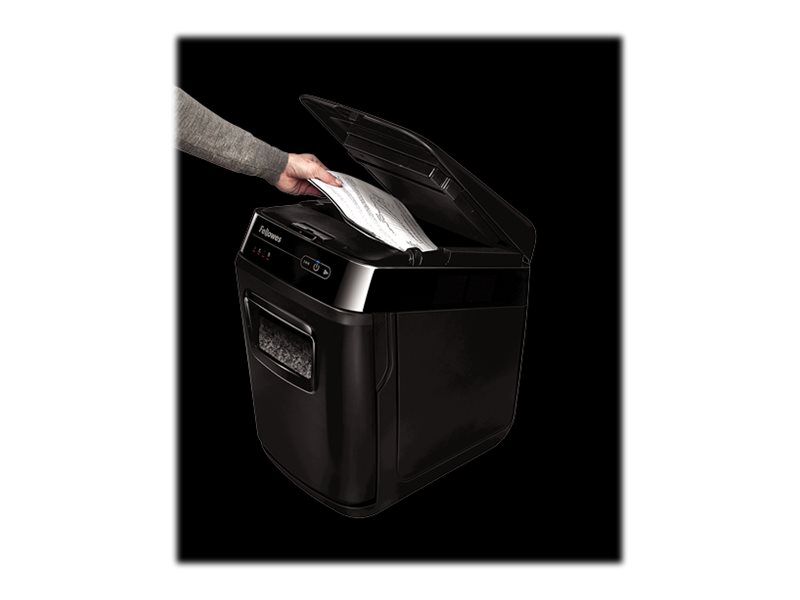 Fellowes AutoMax 200M Aktenvernichter mit Partikelschnitt P5, 2 x 14 mm, bis 200 Blatt, schwarz