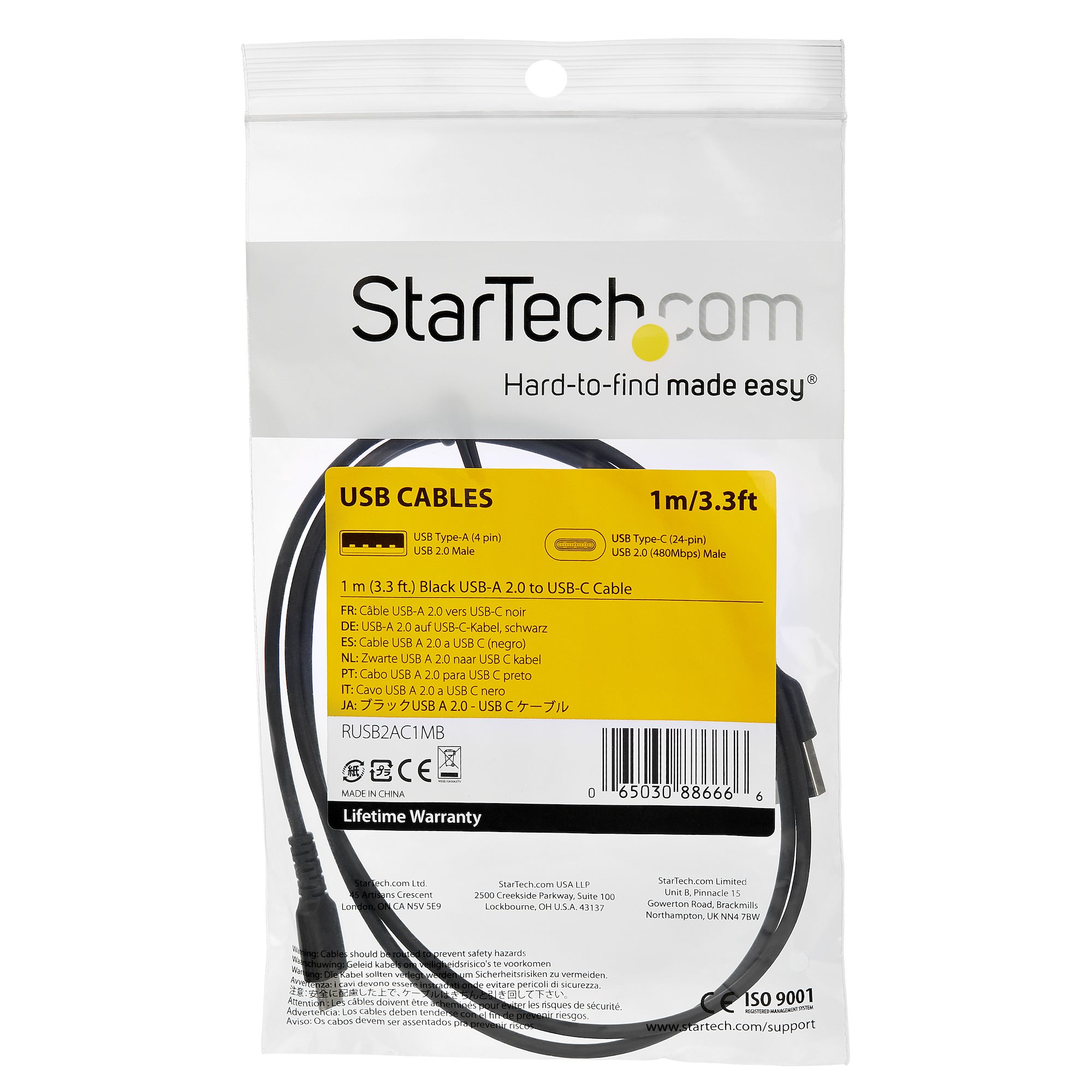 STARTECHCOM 1m 3ft USBC Cable Durable USB 20 Type C Cord Data Charging Male to Male Black