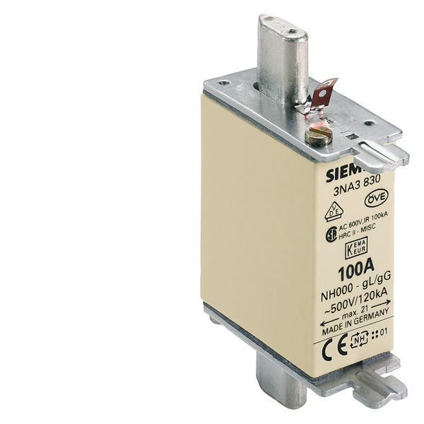 Siemens NH000-Sicherungseinsatz 3NA3830 mit Stirnkennmelder 100A Siemens NH000-Sicherungseinsatz 3NA3830 mit Stirnkennmelder 100A