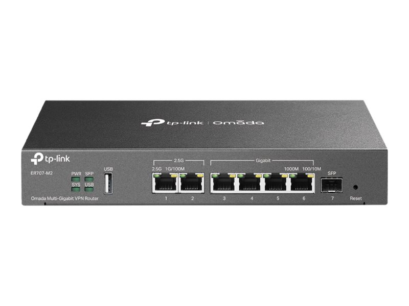 TP-LINK ER707-M2 Omada Multi-Gigabit VPN Router 1× 2.5G WAN 1× 2.5G WAN/LAN 1x Gigabit SFP WAN/LAN 4x Gigabit RJ45 WAn/LAN 1x USB TP-LINK ER707-M2 Omada Multi-Gigabit VPN Router 1× 2.5G WAN 1× 2.5G WAN/LAN 1x Gigabit SFP WAN/LAN 4x Gigabit RJ45 WAn/LAN 1x USB