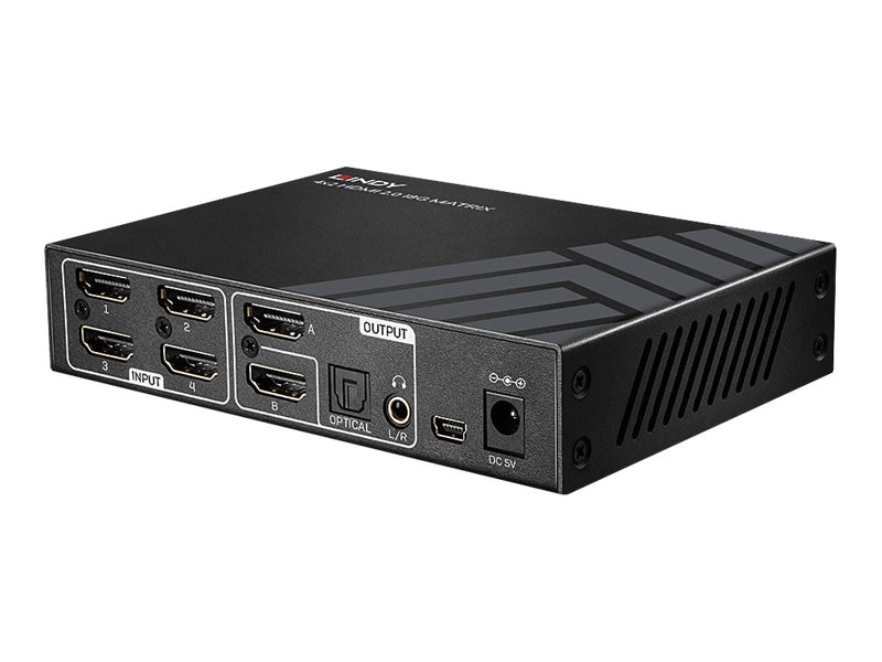 LINDY 4x2 HDMI 2.0 4K 18G Matrix Switch with Audio Extractor Optical Out or 3.5mm Jack 4K 3840x2160at60Hz 4:4:4 8bit
