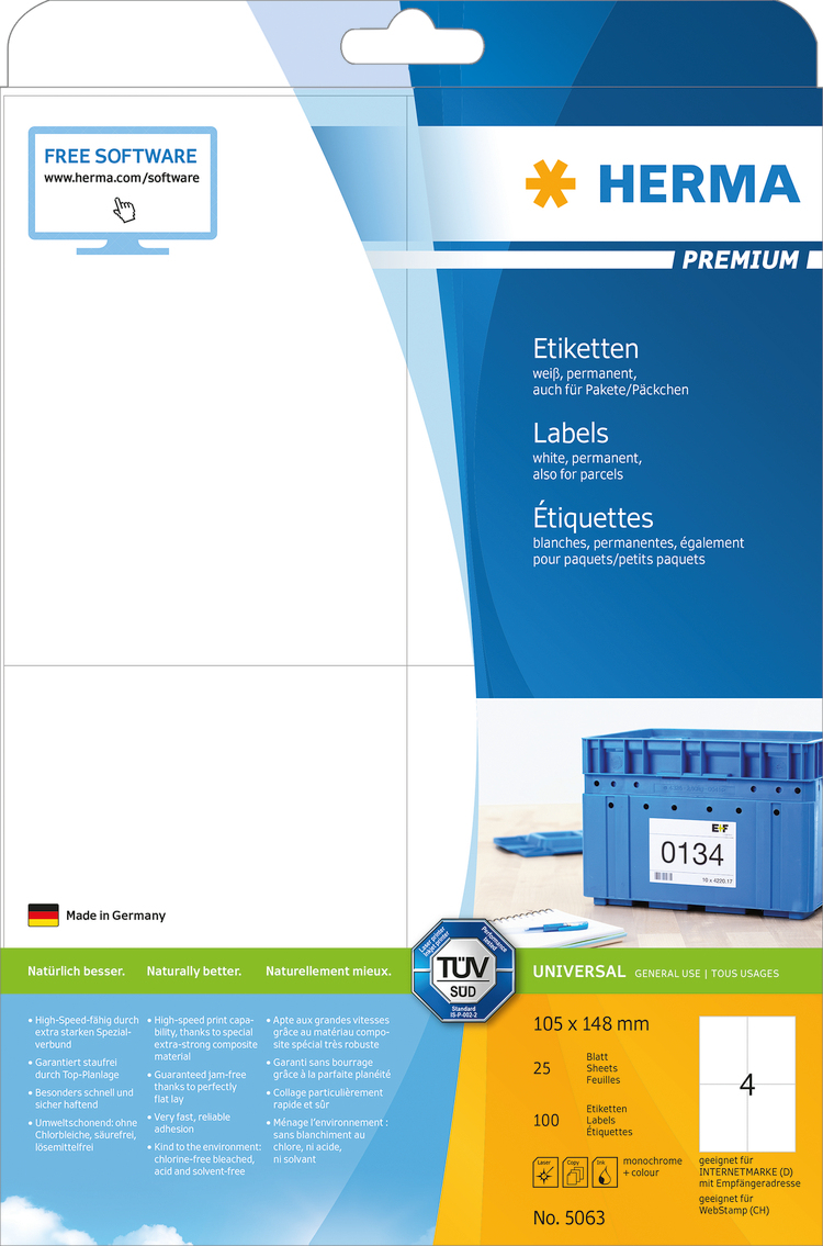 100 HERMA Etiketten 5063 weiÃ 105,0 x 148,0 mm