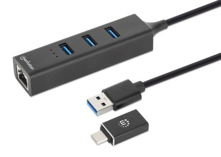 MANHATTAN 3Port USB 30 TypC TypA KomboHub mit GigabitNetzwerkadapter 5Gbits SuperSpeed USB Stromversorgung über USB schwarz