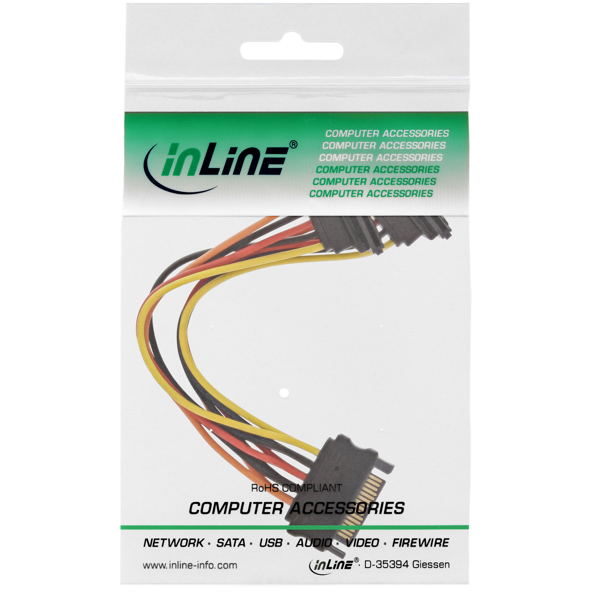 INLINE SATA Strom Y-Kabel SATA Buchse an 2x SATA Stecker gewinkelt mit Sicherheitslaschen 0.15m