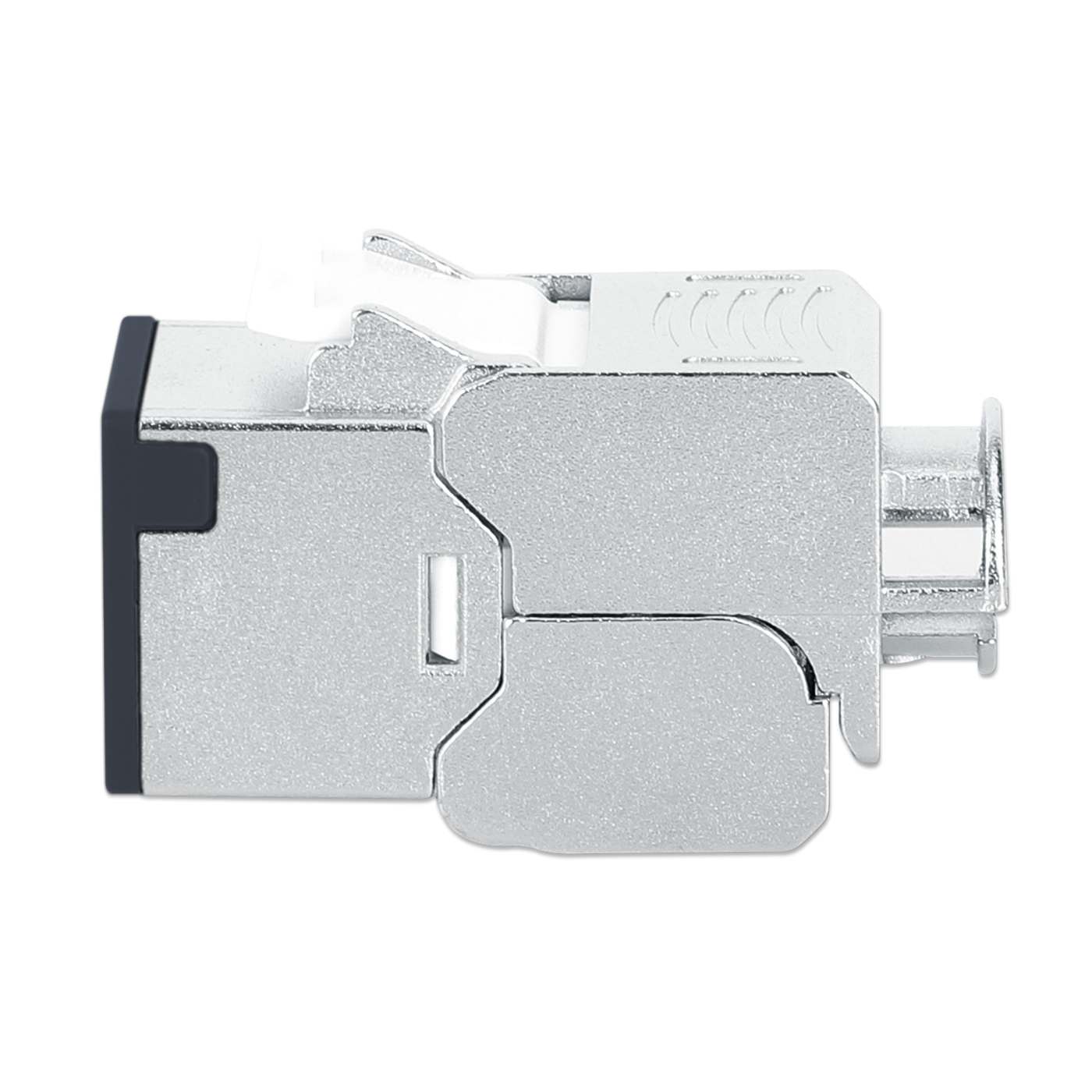 INTELLINET Cat6a 10G Slimline KeystoneModul STP werkzeuglos mit Rastclip fuer Massivdraht vergoldete Kontakte Metallgehaeuse schwarz