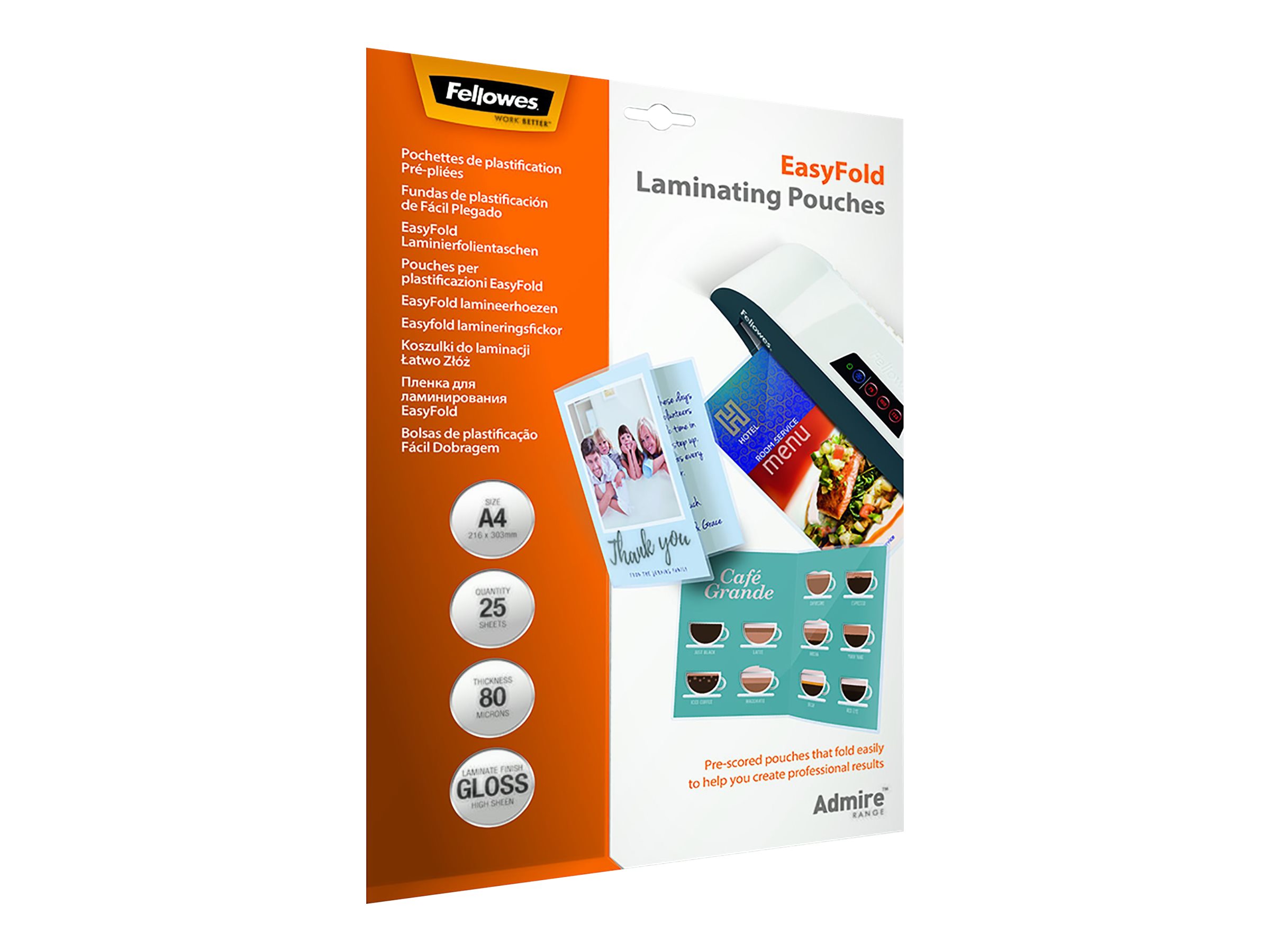 25 Fellowes Admire Easy Fold Laminierfolien glaenzend fuer A4 80 micron 25 Fellowes Admire Easy Fold Laminierfolien glaenzend fuer A4 80 micron