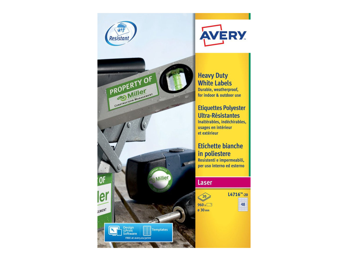 960 AVERY Zweckform wetterfeste Folienetiketten L4716-20 weiss 30,0 x 30,0 mm 960 AVERY Zweckform wetterfeste Folienetiketten L4716-20 weiss 30,0 x 30,0 mm