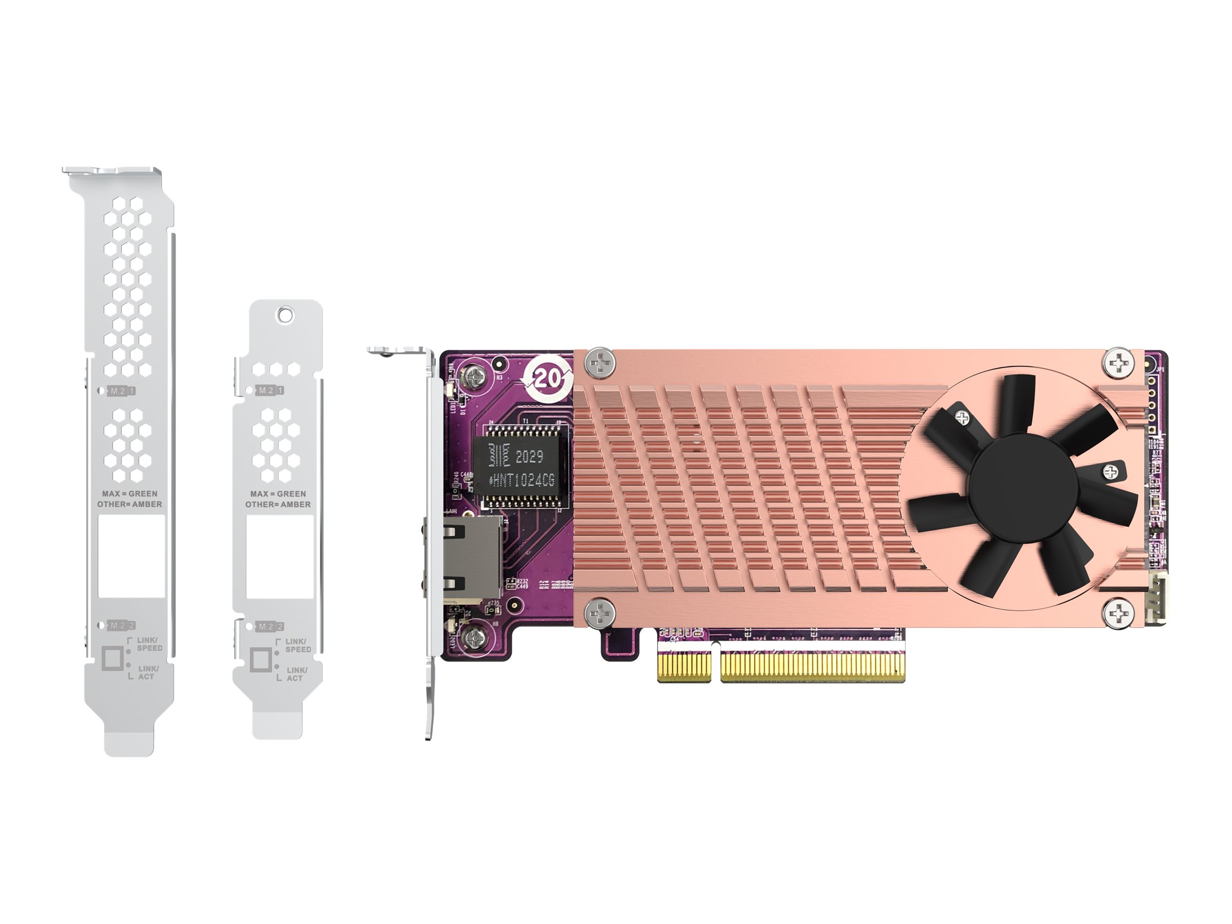 QNAP Card QM2 series 2xPCIe 2280 M.2 SSD slots PCIe Gen3x8 1xAQC113C 10GbE NBASE-T port