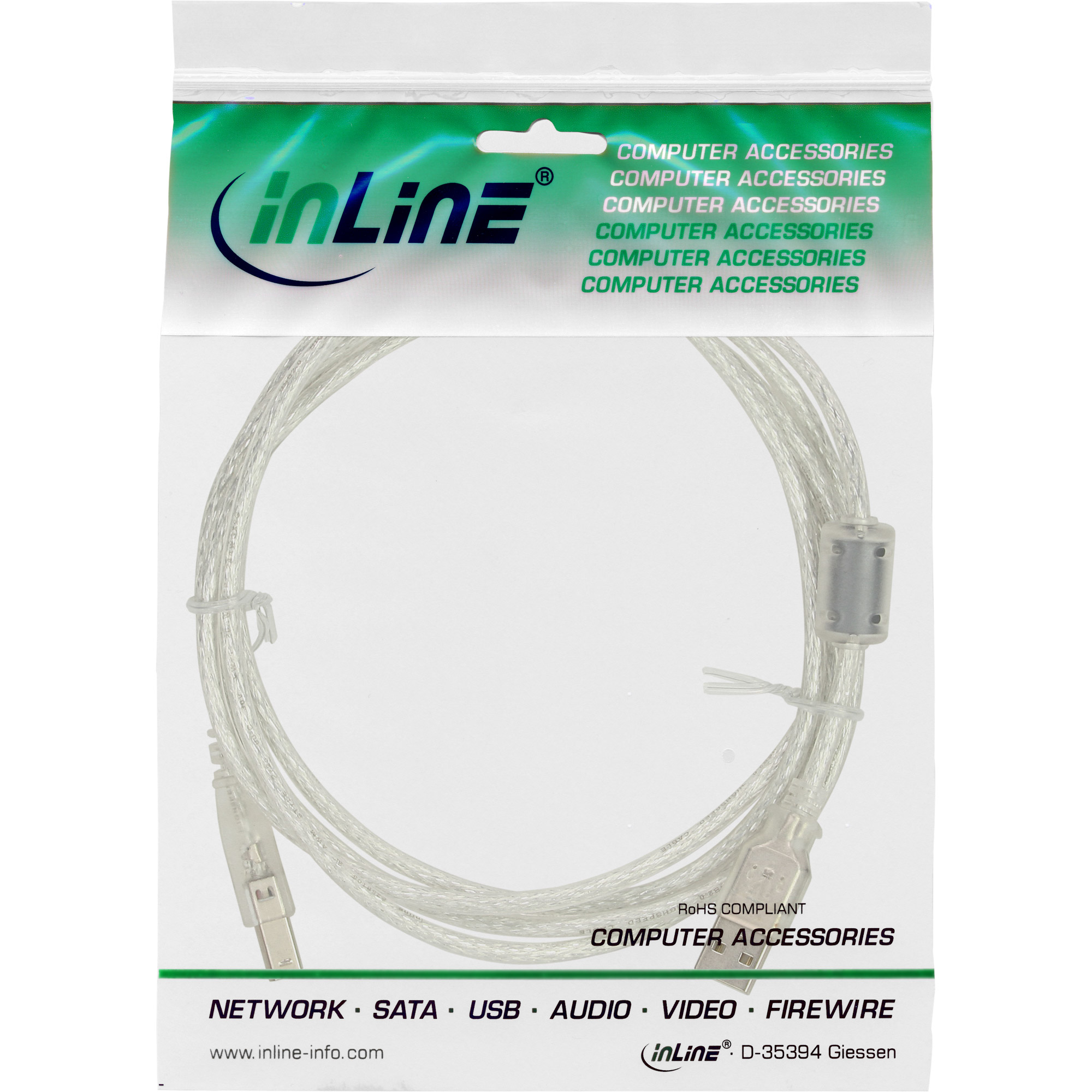 INLINE USB 20 Kabel A an B transparent mit Ferritkern 3m
