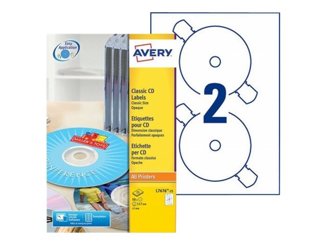 50 AVERY Zweckform CD-Etiketten L7676-25 weiss 50 AVERY Zweckform CD-Etiketten L7676-25 weiss