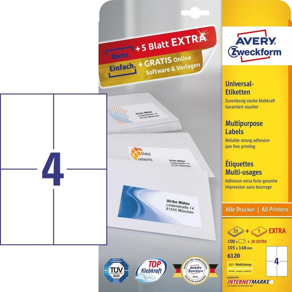 120 AVERY Zweckform Etiketten 6120 weiss 105,0 x 148,0 mm 120 AVERY Zweckform Etiketten 6120 weiss 105,0 x 148,0 mm