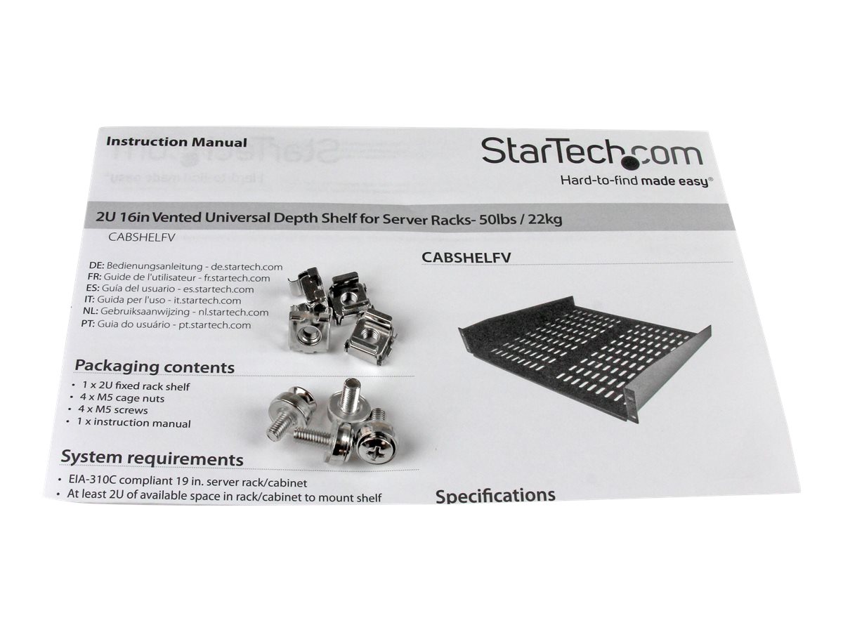 STARTECH.COM 2U 16in Universal Vented Rack Mount Cantilever Shelf - Fixed Server Rack Cabinet Shelf - 50lbs / 22kg