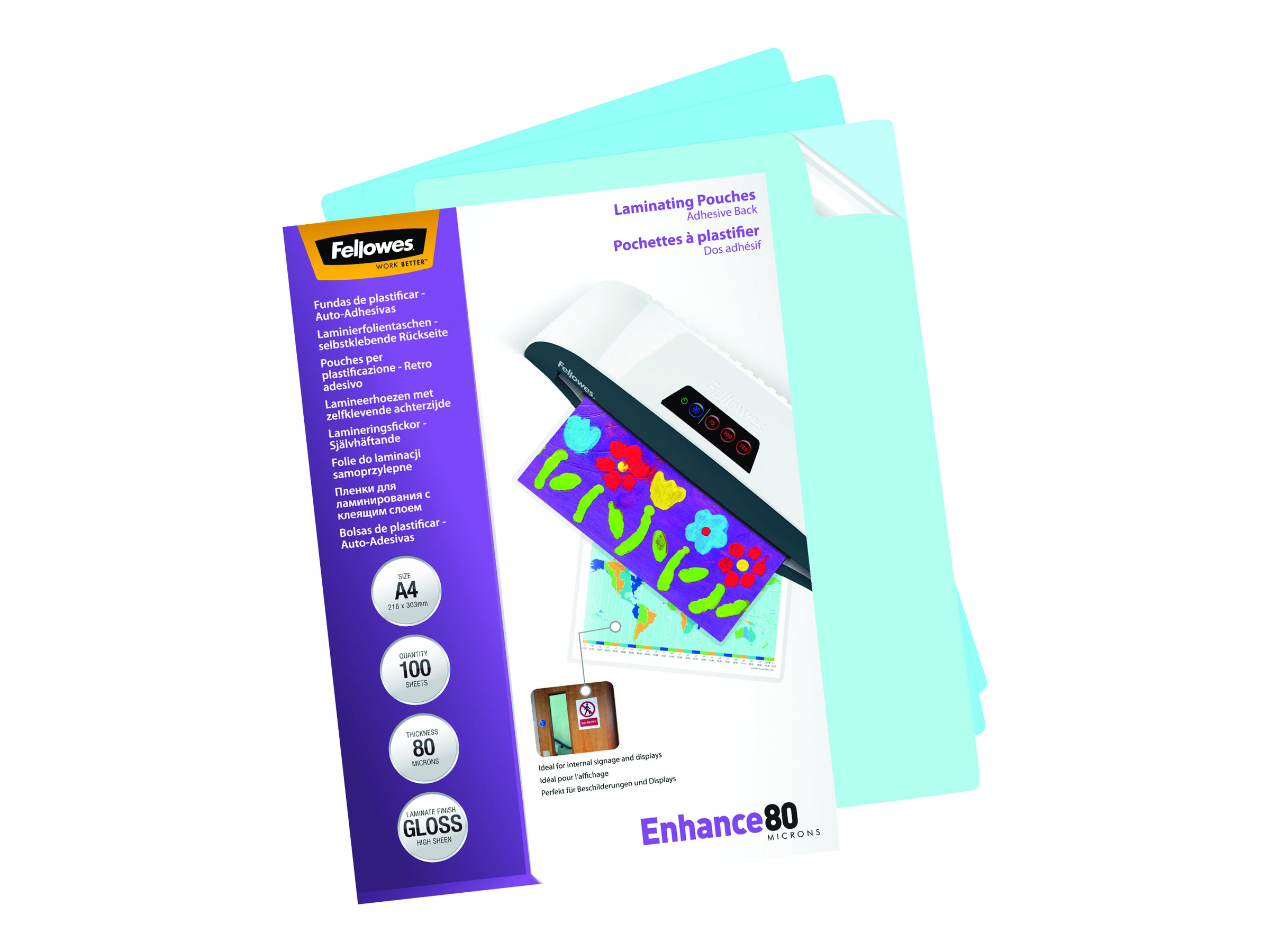 100 Fellowes Enhance80 Laminierfolien glaenzend fuer A4 80 micron selbstklebender Ruecken