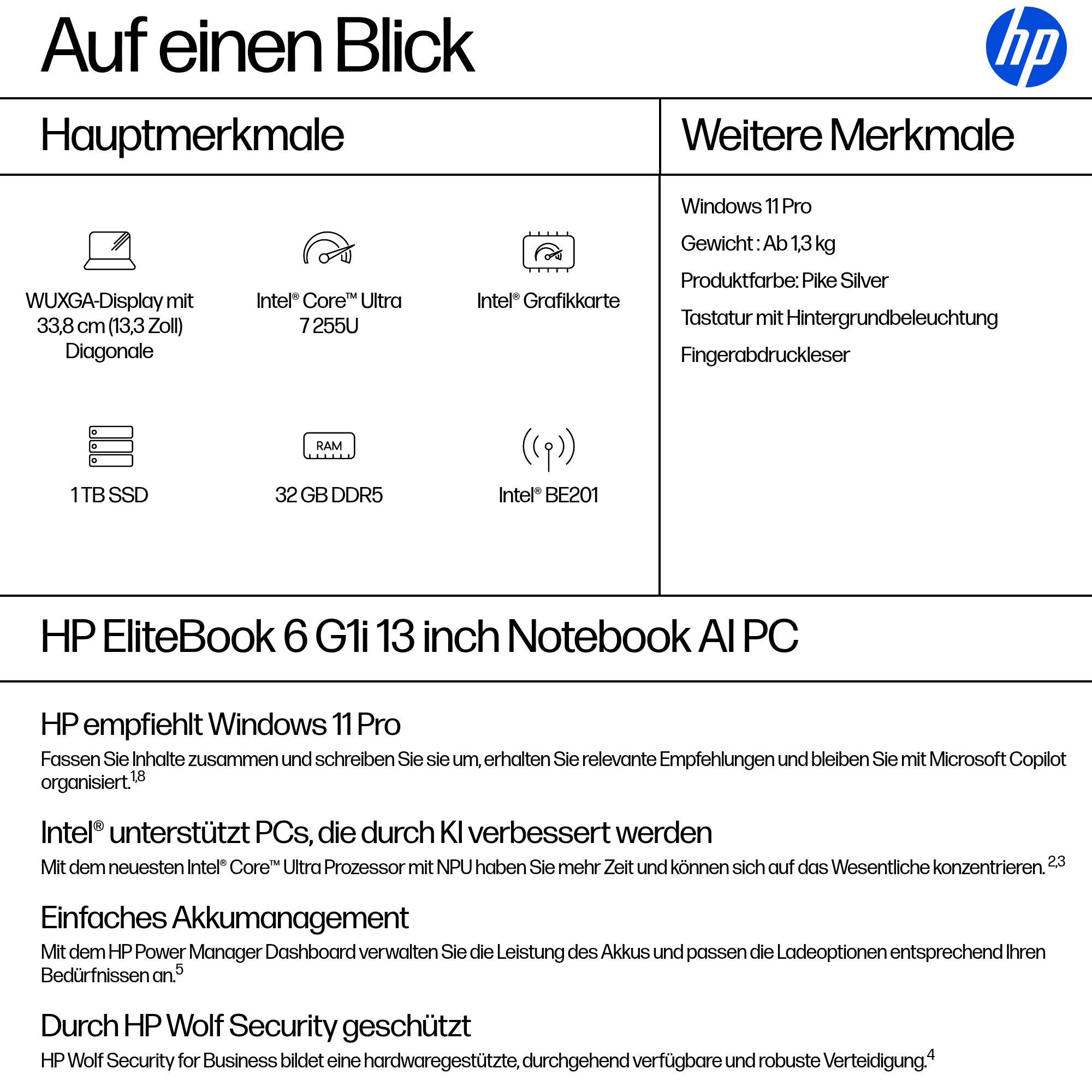 HP EliteBook 6 G1i Intel Core Ultra 7 255U 33,7cm 13,3Zoll WUXGA 32GB 1TBSSD W11P SmartBuy 1J Gar DE