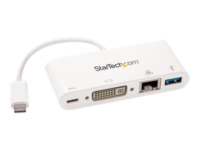 StarTech.com USB-C Multiport Adapter - USB-C auf DVI-D (Digital) Video Adapter mit 60W Power Delivery(Stromversorgung), GbE, USB-A - Tragbares USB-C/Thunderbolt 3 Mini Laptop Dock (DKT30CDVPD) - externer Videoadapter - weiß