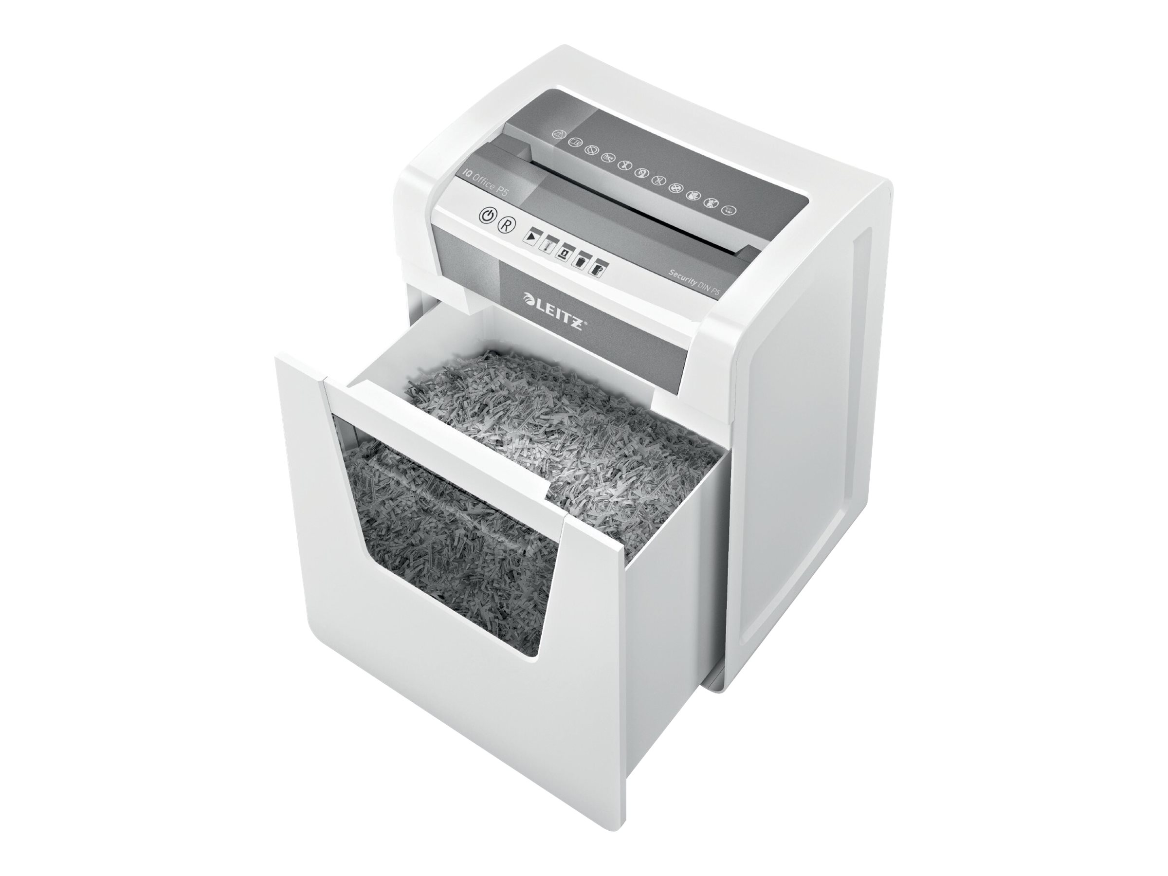 LEITZ IQ Office Aktenvernichter mit Partikelschnitt P-5, 2 x 15 mm, bis 10 Blatt, weiss