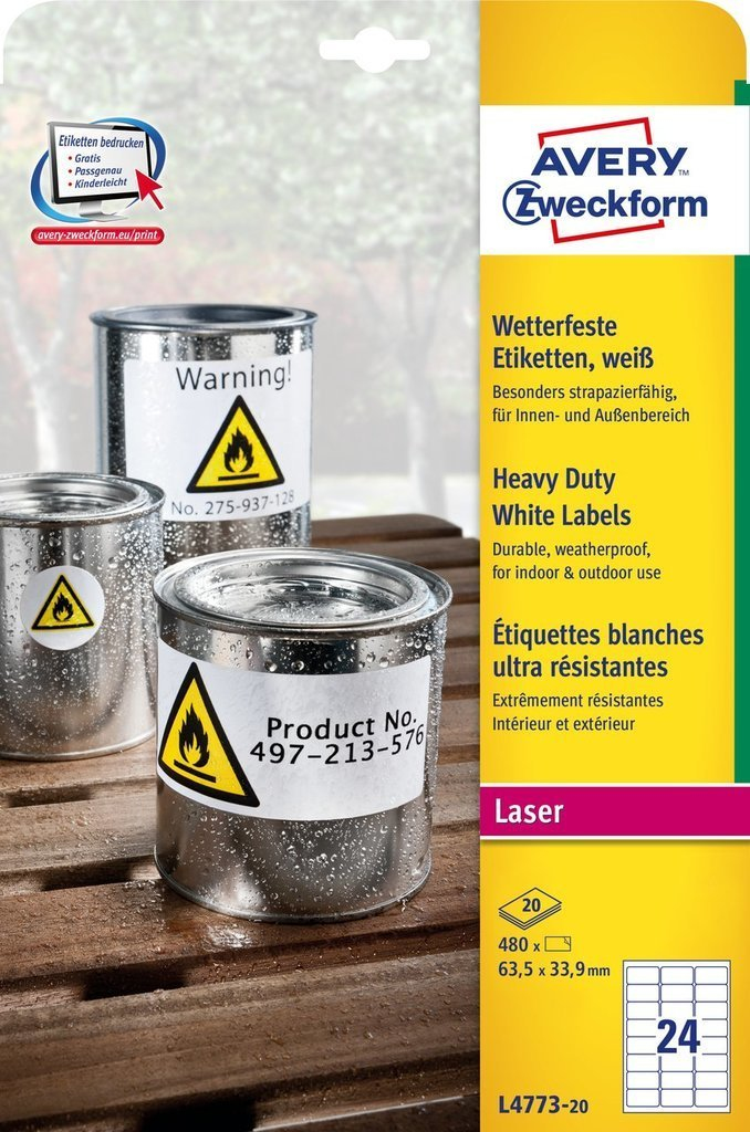 480 AVERY Zweckform wetterfeste Folienetiketten L4773-20 weiss 63,5 x 33,9 mm
