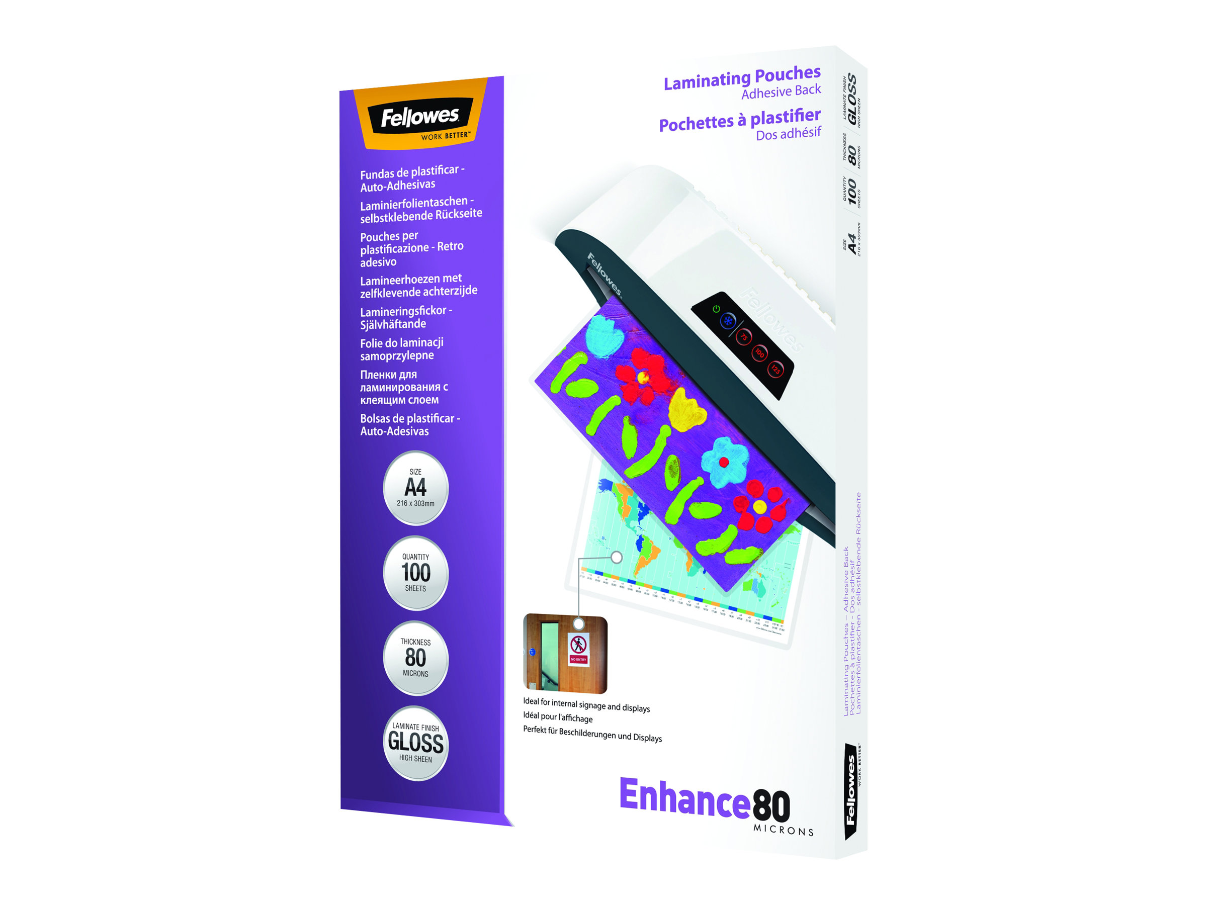 100 Fellowes Enhance80 Laminierfolien glaenzend fuer A4 80 micron selbstklebender Ruecken 100 Fellowes Enhance80 Laminierfolien glaenzend fuer A4 80 micron selbstklebender Ruecken