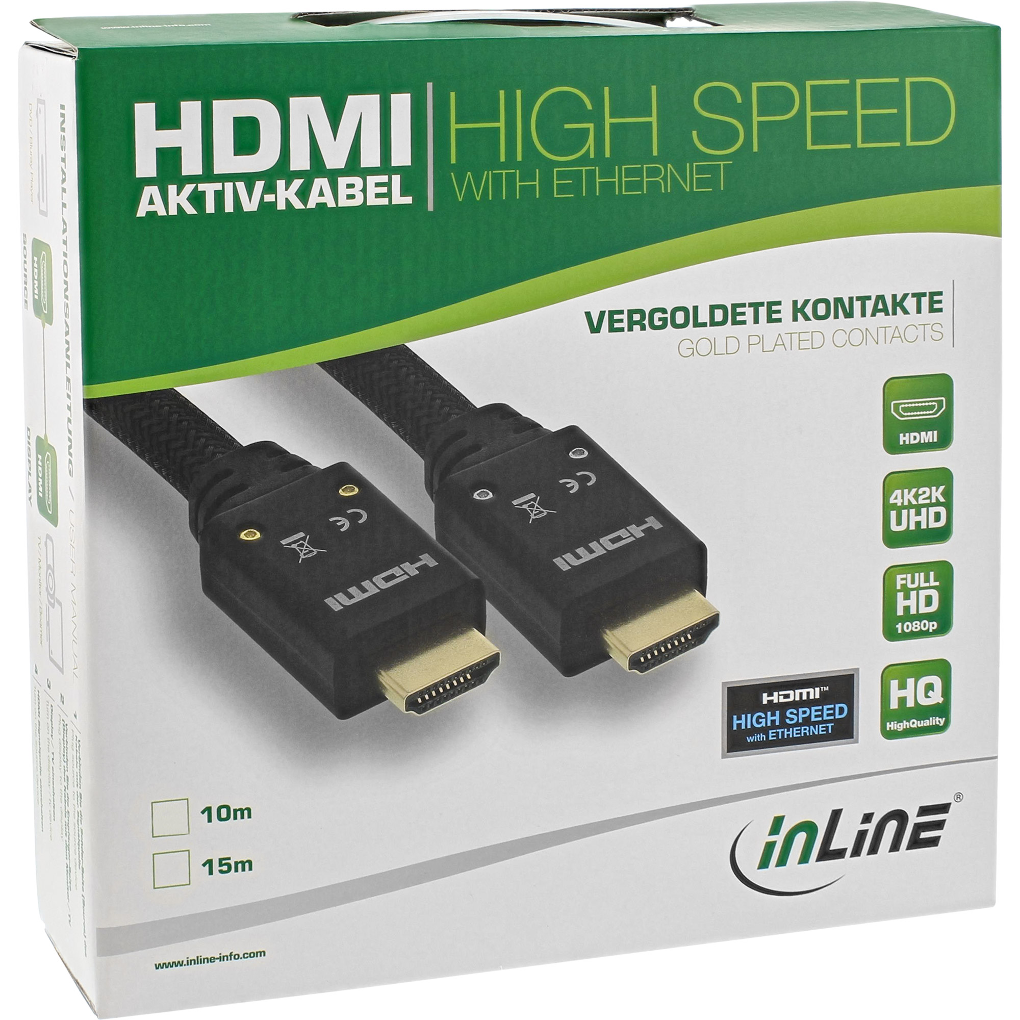 INLINE HDMI HighSpeed Kabel mit Ethernet 4K2K aktiv St/St vergoldete Kontakte mit eingebautem Verstaerker schwarz 15m