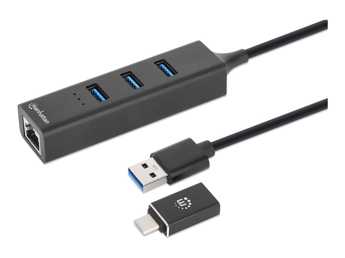 3-Port USB 3.0 Typ-C / Typ-A Kombo-Hub mit Gigabit-Netzwerkadapter 5Gbit/s SuperSpeed USB Stromversorgung über USB schwarz
