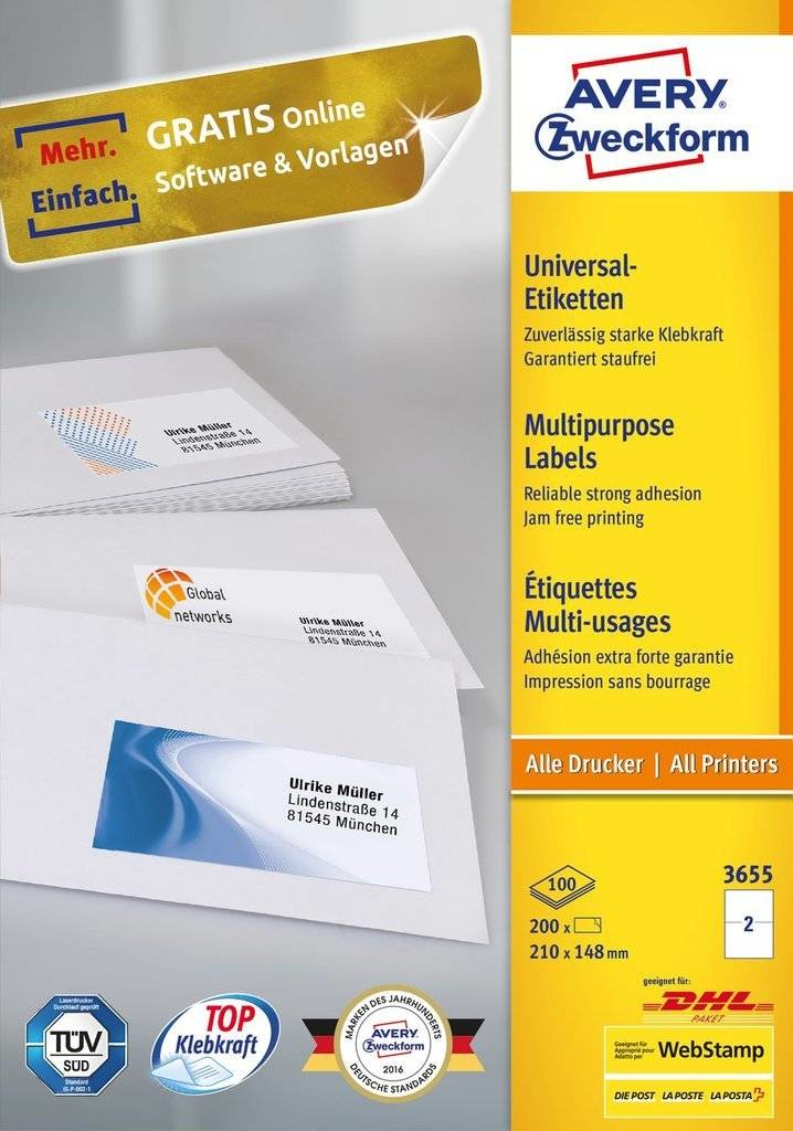 200 AVERY Zweckform Etiketten 3655 weiss 210,0 x 148,0 mm