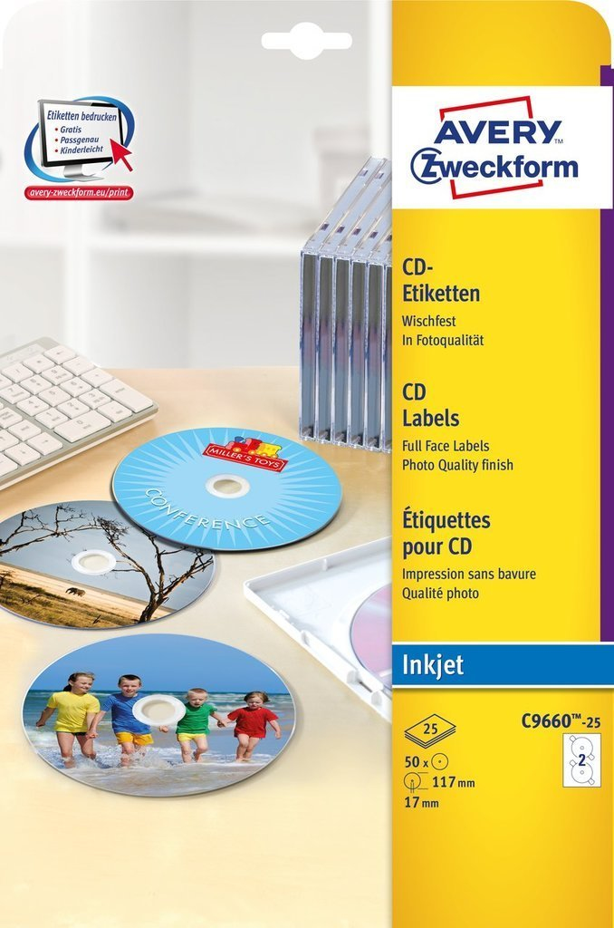 50 AVERY Zweckform CD-Etiketten C9660-25 weiÃŸ