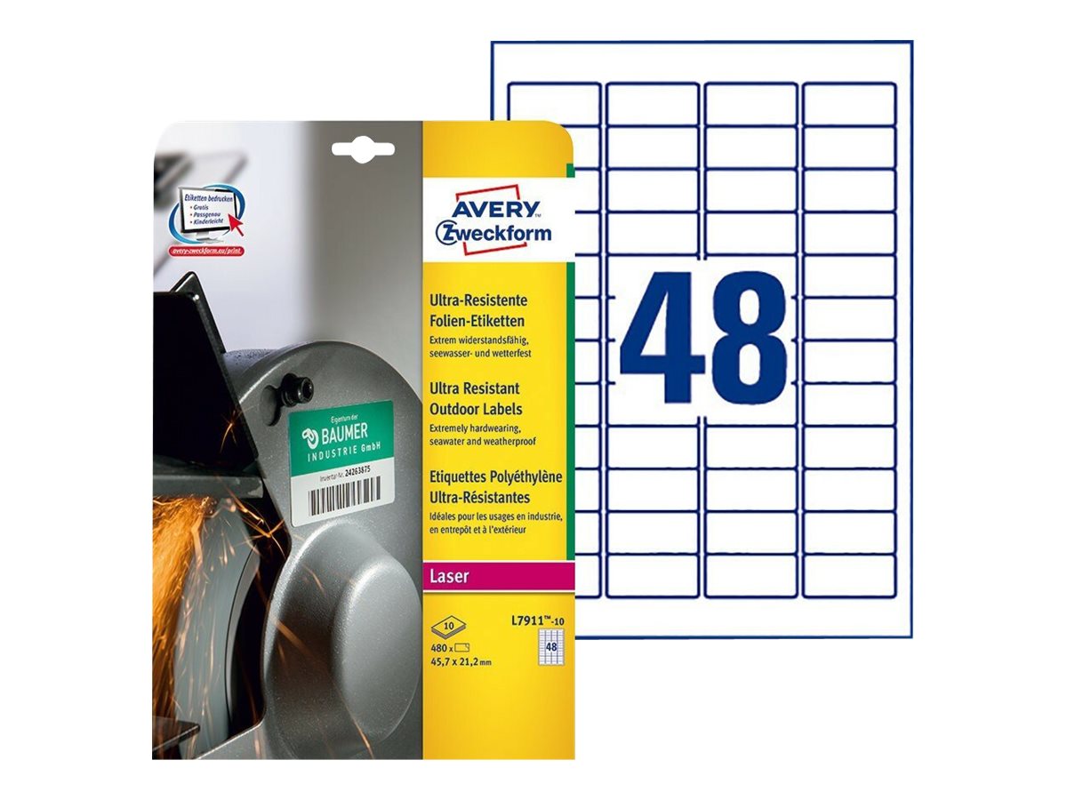 480 AVERY Zweckform resistente Folienetiketten L7911-10 weiss 45,7 x 21,2 mm