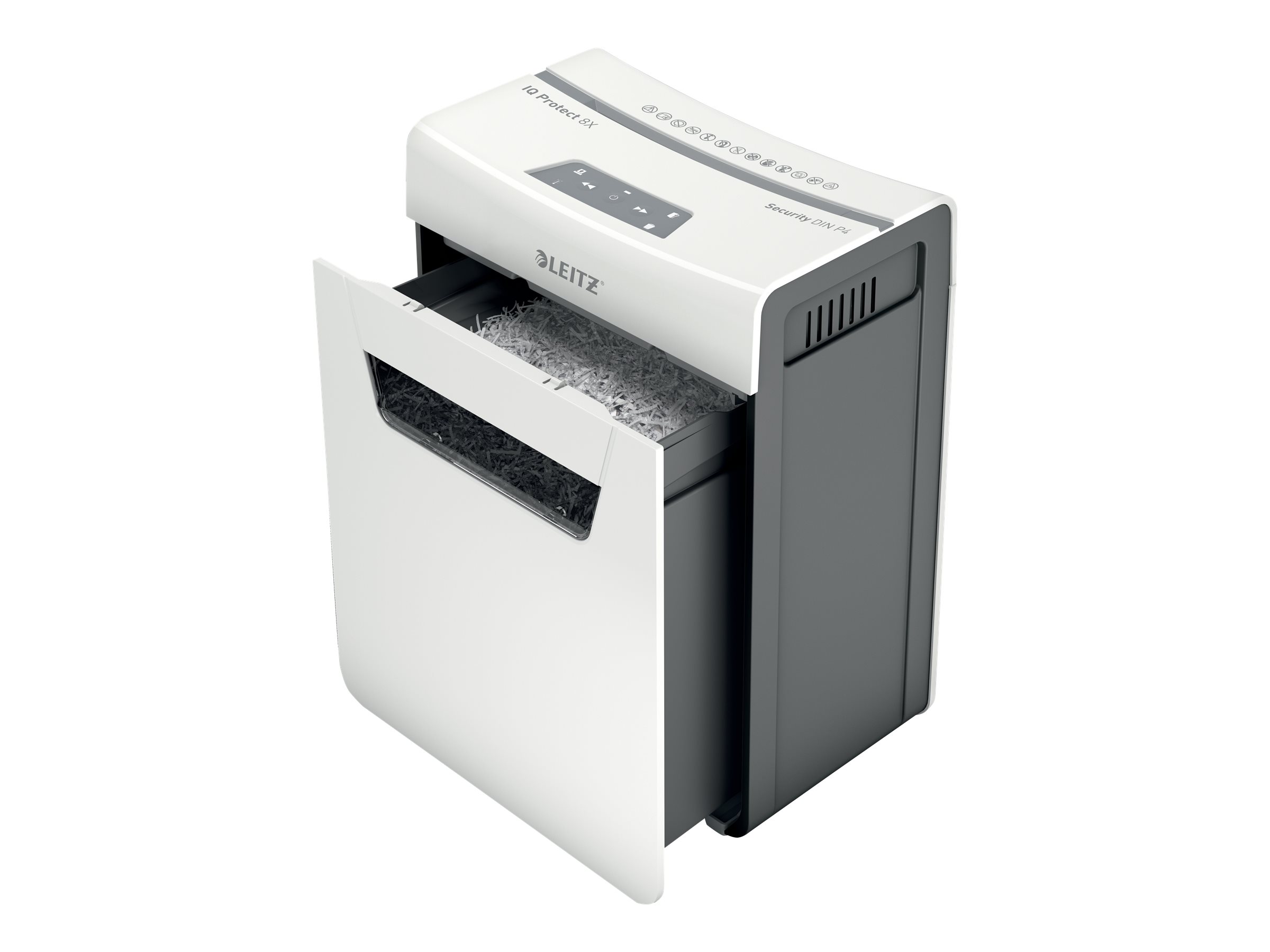 LEITZ IQ 8X Protect Premium Aktenvernichter mit Partikelschnitt P-4, 4 x 40 mm, bis 8 Blatt, weiss