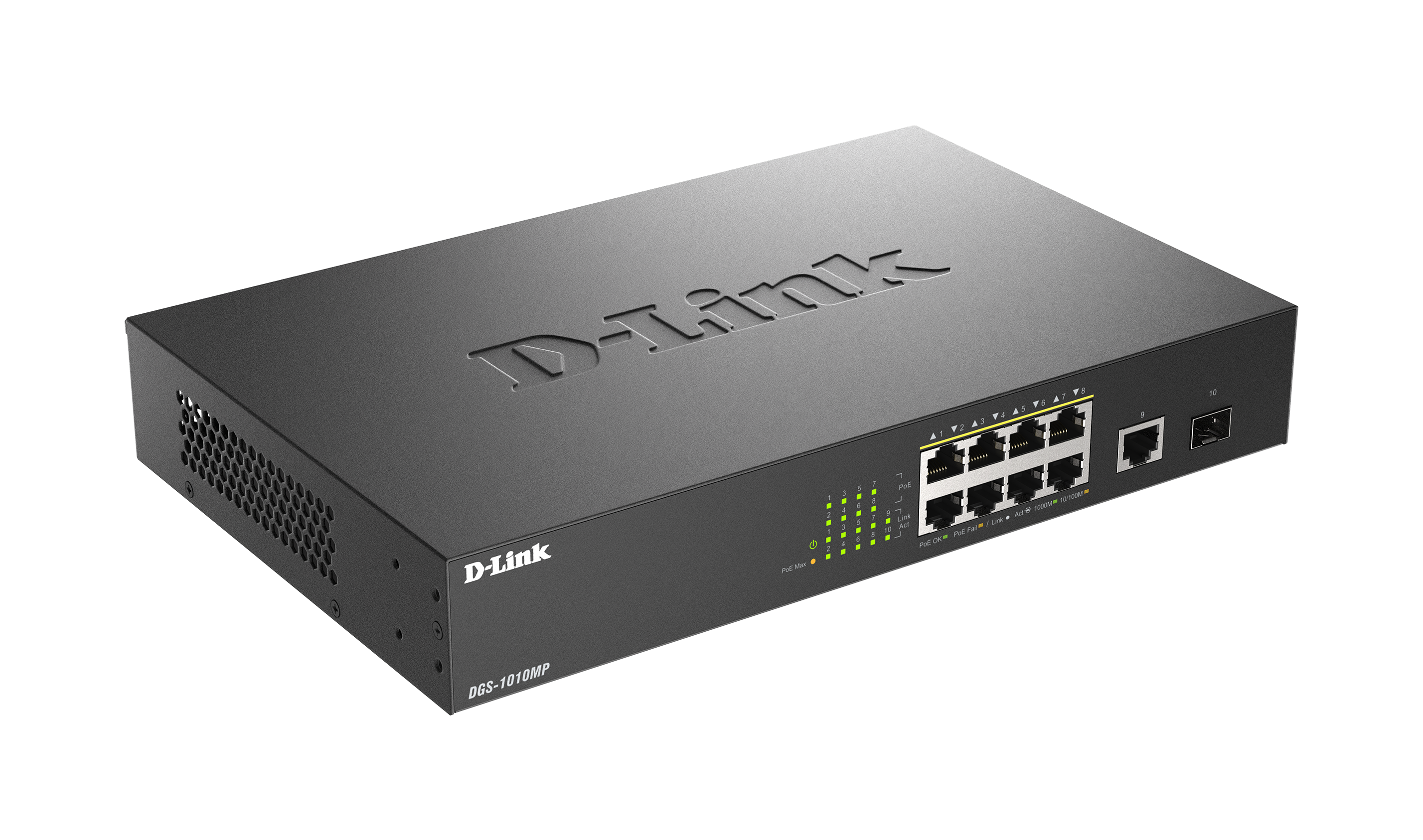 DLINK DGS1010MP 10Port Layer2 PoE Gigabit Switch 8x 101001000 Mbps PoE 1x 101001000 Mbps 1x SFP PoE Power Budget 125W