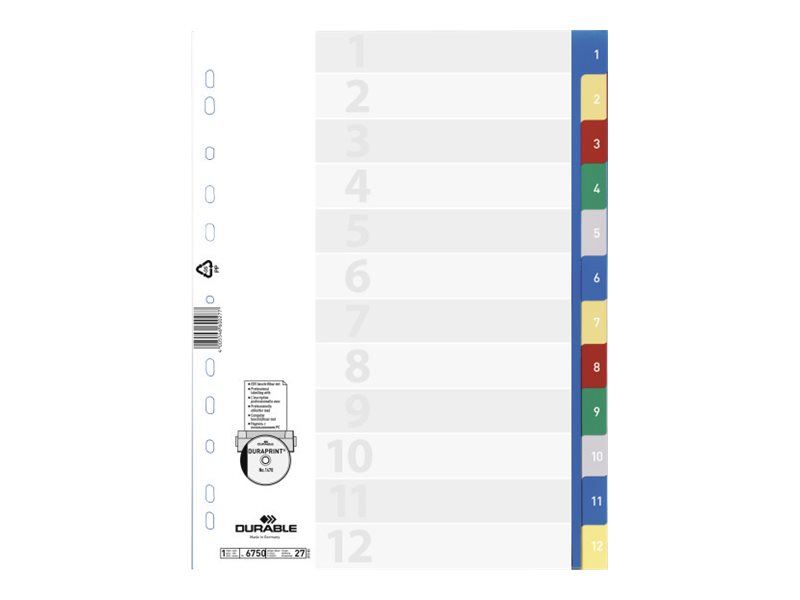 DURABLE Ordnerregister Vollformat 1-12 blau, gelb, rot, gruen, grau 12-teilig, 1 Satz