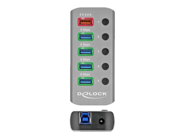 Delock USB 3.2 Gen 1 Hub mit 4 Ports + 1 Schnellladeport mit Schalter
