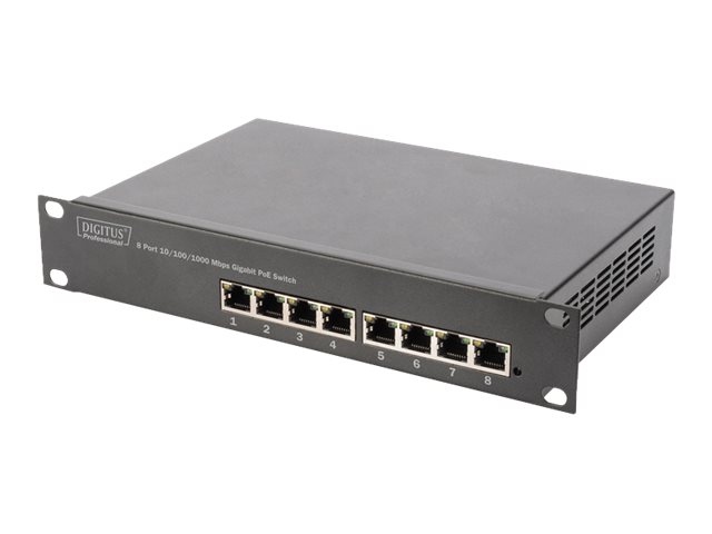 DIGITUS 25,4cm 10Zoll 8-Port Gigabit Ethernet PoE switch 8 x 10/100/1000Mbps RJ45 PoE 96W inkl. 10Zoll Winkel