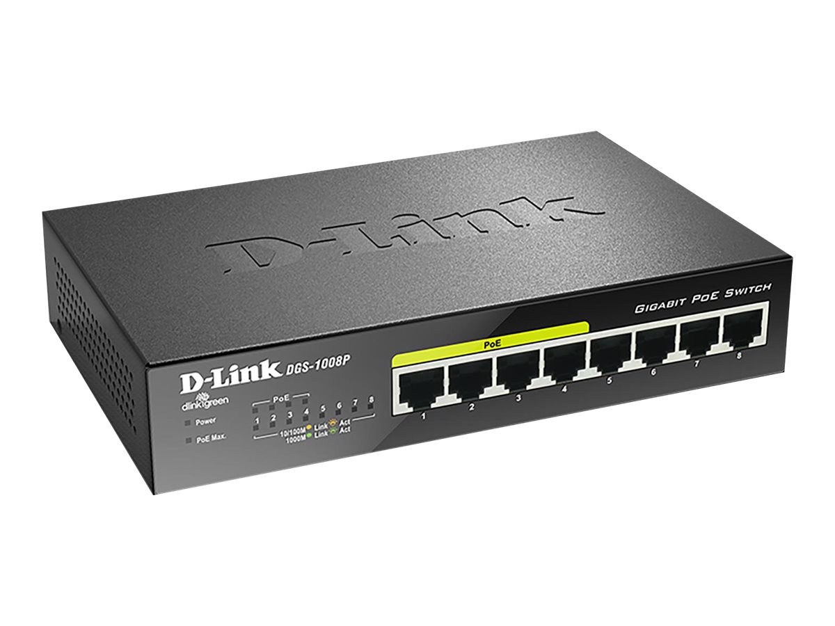 D-LINK DGS-1008P 8-Port Layer2 PoE Gigabit unm. Switch 8x 10/100/1000 Mbit/s BaseT Port (4x PoE+ Ports) 68W lüfterlos Metallgehäuse