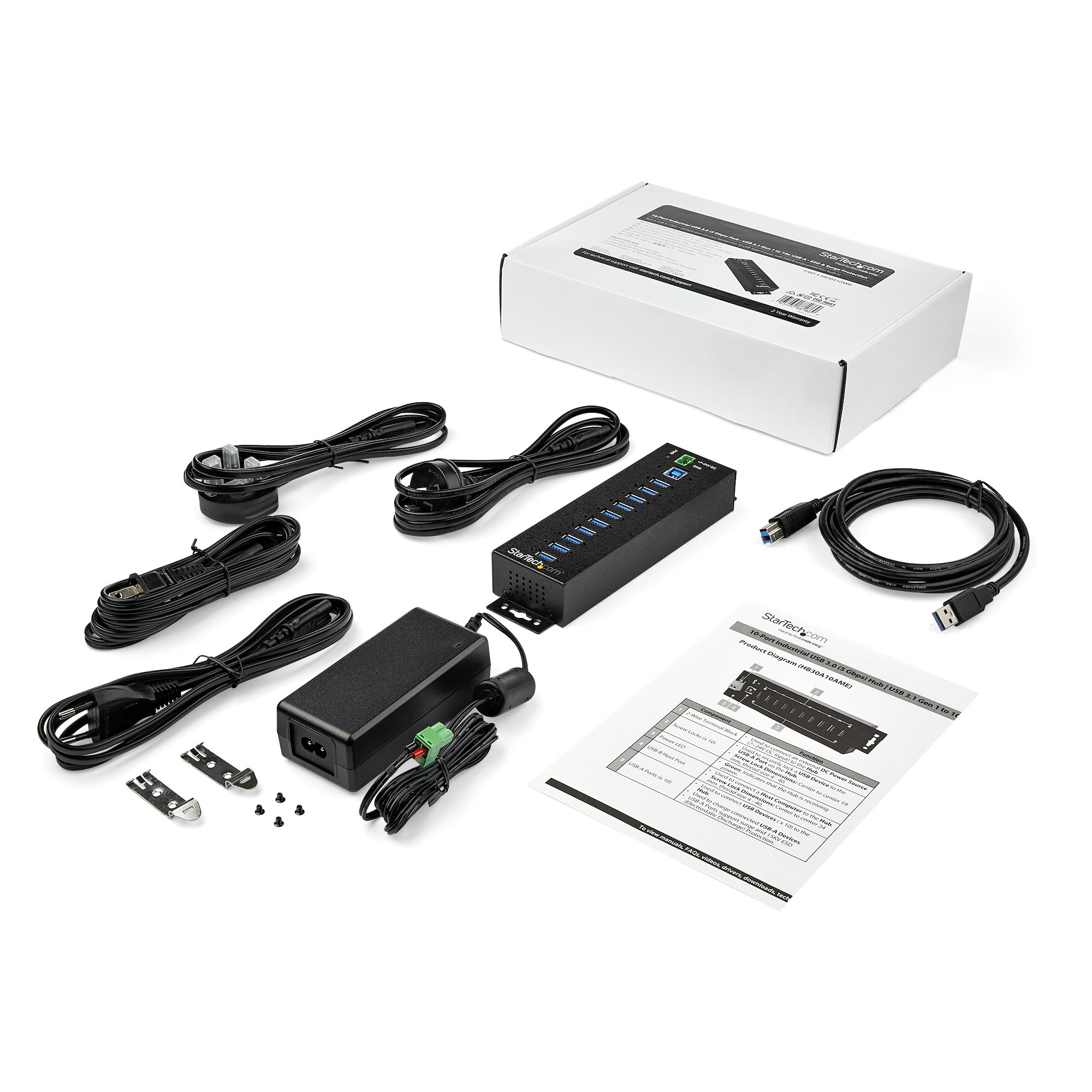 STARTECHCOM 10Port Industrial USB 30 Hub with External Power Adapter ESD 350W Surge Protection HB30A10AME