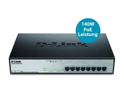D-LINK DGS-1008MP 8?Port Desktop Gigabit Max PoE Switch 140W PoE Kapazitaet Plug & Play luefterlos Metallgehaeuse