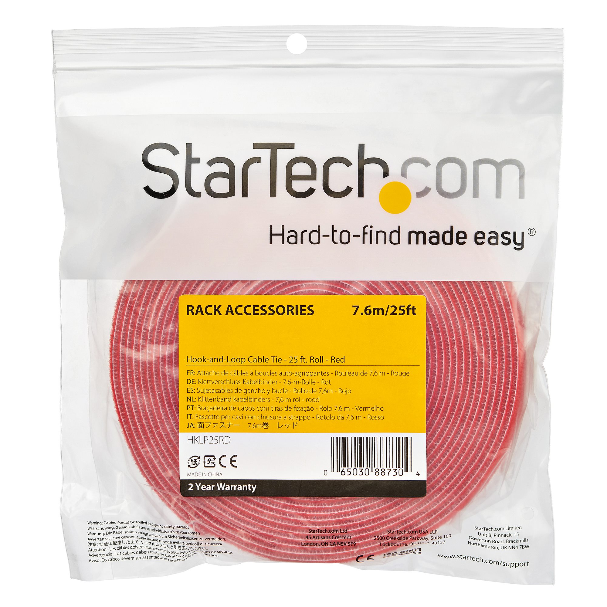 STARTECHCOM Hook and Loop Tape 25 ft Reusable Adjustable Cable Ties Red HKLP25RD